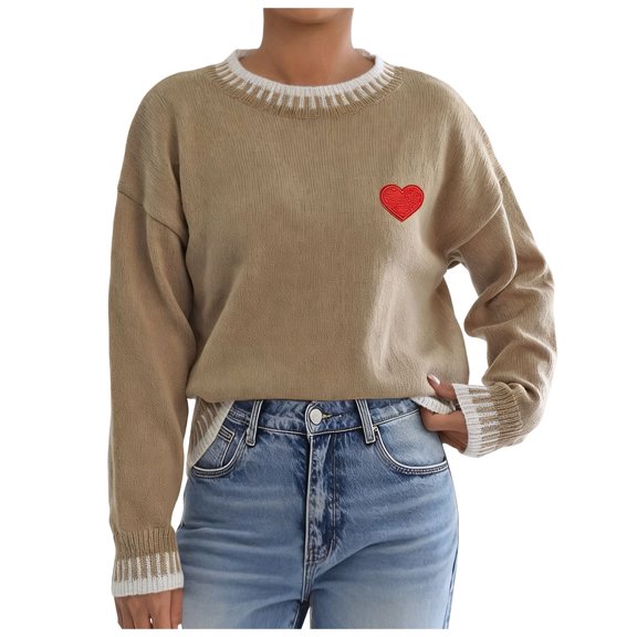 Olyvenn Women's Heart Embroidery Long Sleeve Crew Neck Knit Pullover Sweater, Relaxed Fit Top, Cute Fashion Outfit for Fall Winter Everyday Wear Khaki M