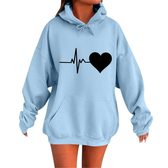Olyvenn Women's Heart Graphic Oversized Hoodies Drawstring Long Sleeve Sweatshirts with Pocket Trendy Casual Pullover Tops Light Blue L