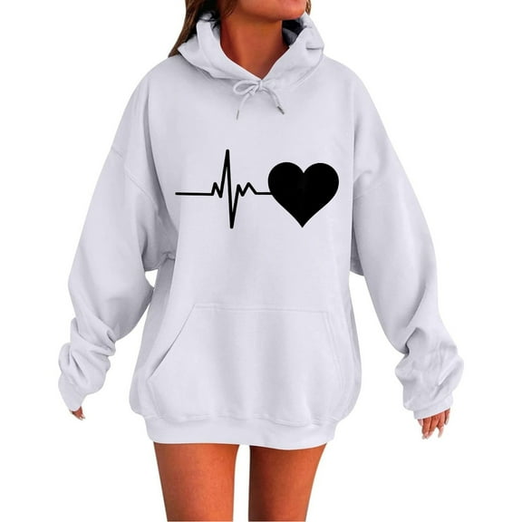 Olyvenn Women's Heart Graphic Oversized Hoodies Drawstring Long Sleeve Sweatshirts with Pocket Trendy Casual Pullover Tops White L
