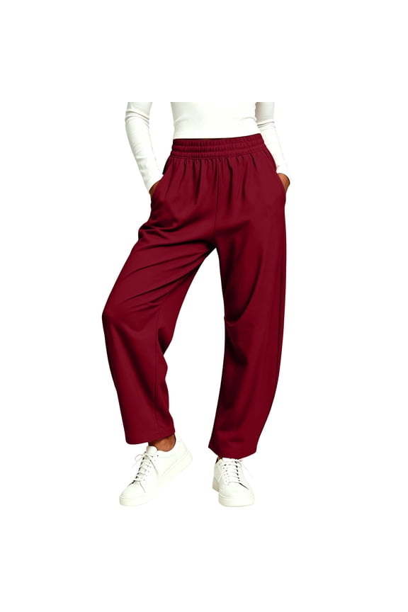 Women's High Waist Curved Leg Pants, Elastic Waistband, Quick Dry Casual Trousers with Side Pockets Wine XXL