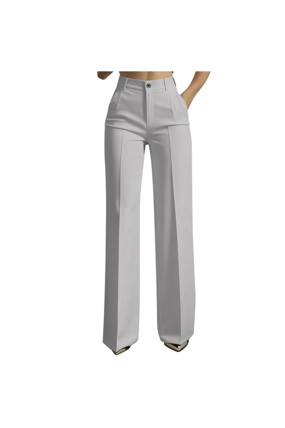 Women's High Waist Draped Dress Pants, Straight Leg, Elegant Wide Leg Trousers with Pockets for Office Gray XXXL