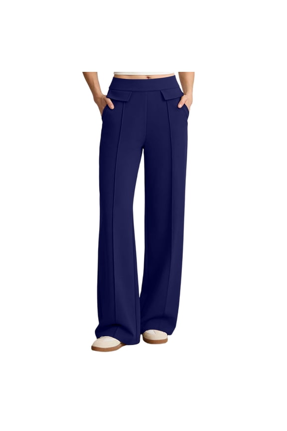 Women's High Waist Draped Straight Leg Wide Leg Pants, Solid Loose Relaxed Fit Trousers for Daily Casual Outfit Navy XXL
