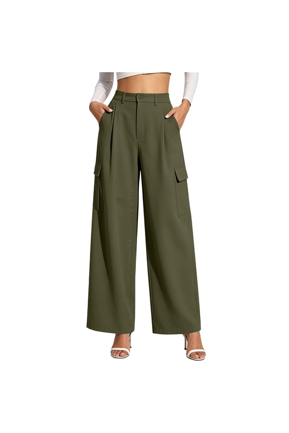 Women's High Waist Pleated Cargo Pants, Wide Leg Design, Loose Work Casual Trousers with Pockets Army Green S