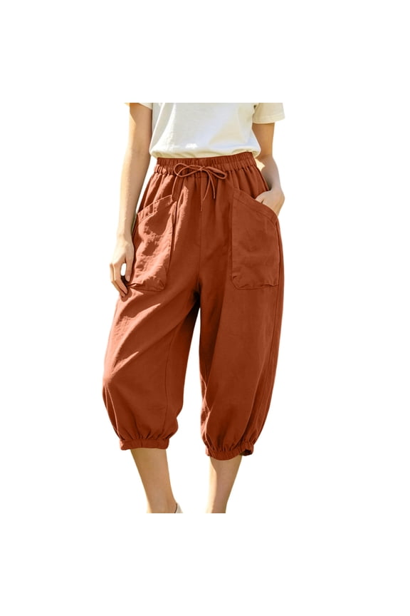 Women's High Waist Sport Pants, Trendy Summer Casual Long Trousers with Pockets Orange L