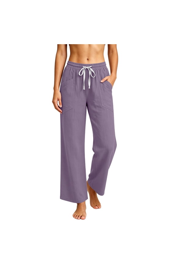 Women's High-Waist Wide Leg Pants, Elastic Waist with Drawstring, Casual Trousers with Pockets for Everyday Use Purple XL