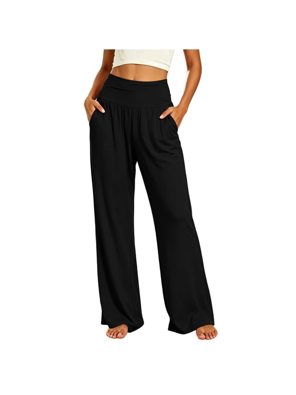 Women's High Waist Wide Leg Yoga Pants, Elastic Waist, Loose Stretch Trousers with Pockets for Workout Black S