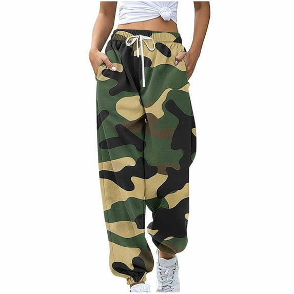 Olyvenn Women’s High Waisted Casual Pants, Camouflage Print, Drawstring Elastic Waist, Loose Fit Joggers with Side Pockets Camouflage 16-18