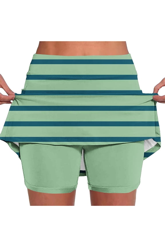 Women's High Waisted Tennis Skirt Skort Striped Built-in Shorts Athletic Golf Shorts Green S