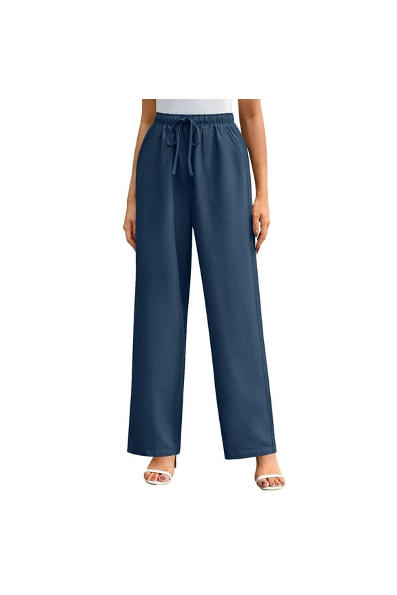 Women's High Waisted Wide Leg Jeans - Straight Leg Pants Adjustable Drawstring Waist, Loose Fit, Comfy Stylish Lounge Pants Navy L