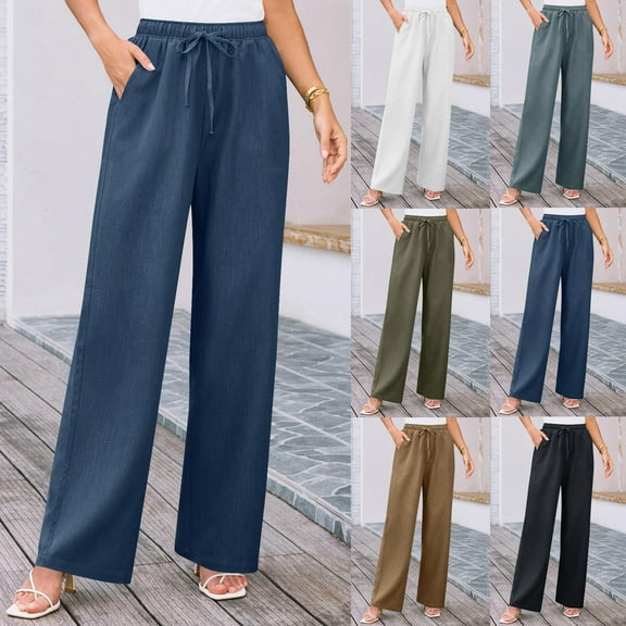 Olyvenn Women's High Waisted Wide Leg Jeans - Straight Leg Pants Adjustable Drawstring Waist, Loose Fit, Comfy Stylish Lounge Pants Navy M