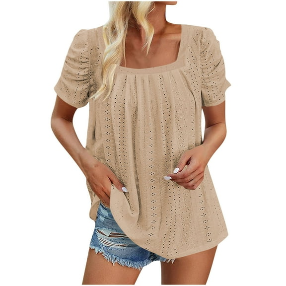 Olyvenn Women's Hollow Pleated Short Sleeves Square Neck Casual Loose Solid Color Knit T Shirts Tops Blouses Khaki S