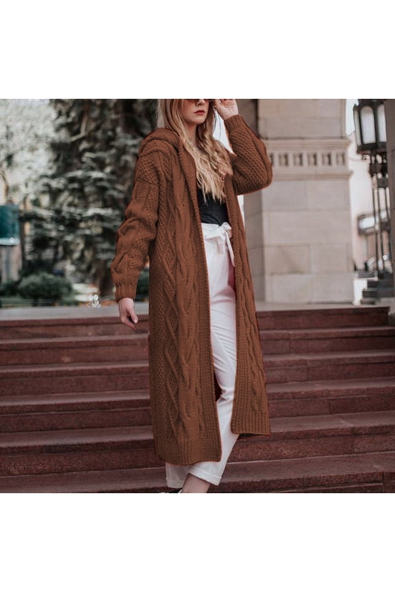 Women's Hooded Cable Knit Long Cardigan, Open Front Oversized Chunky Knit Duster Sweater Coat Brown XXL
