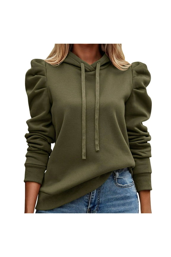 Women's Hoodies Drawstring Puff Long Sleeve Casual Pullover Sweatshirt Solid Hooded Sweatshirt Pullover Tops Blouse Army Green 4