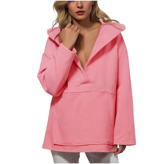 Olyvenn Women's Hoodies Oversized Sweatshirts Casual Fleece V Neck Long Sleeve Hooded Loose Fall Winter Pullover Tops Pink XXL