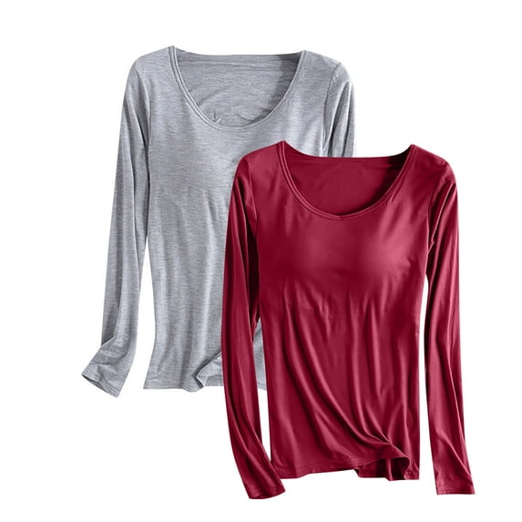 Olyvenn Women's Household Clothes 2 Pack Casual Daily Long Sleeve Round Neck Solid Comfortable Homenwear Blouse with Chest Pads Wine 6