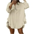 thumbnail image 1 of Olyvenn Women's Irregular Ruffle Trim Split Curved Hem Blouse Dressy Casual Loose Lapel Collar Button Down Long Sleeve Shirt Top Beige M, 1 of 8