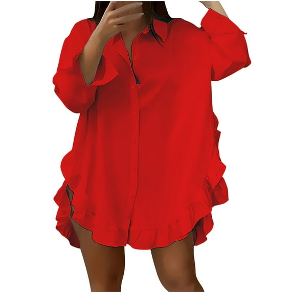 Olyvenn Women's Irregular Ruffle Trim Split Curved Hem Blouse Dressy Casual Loose Lapel Collar Button Down Long Sleeve Shirt Top Red L
