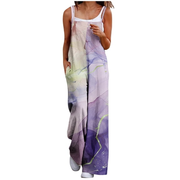 Olyvenn Women's Jumpsuits Casual Loose Overalls Jumpsuits One Piece Sleeveless Floral Printed Wide Leg Long Pant Rompers Purple 12