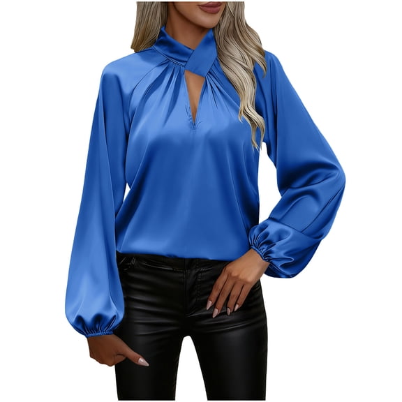 Olyvenn Women's Keyhole Neck Satin Shirts Lantern Long Sleeve Dressy Tunic Tops 2026 Fashion Casual Business Work Blouses Blue XXL