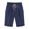 thumbnail image 1 of Olyvenn Women's Knee Length Bermuda Shorts Elastic Waist Drawstring Buttons Cotton Linen Shorts Loose Fit Plus Size Summer Beach Short Navy L, 1 of 8