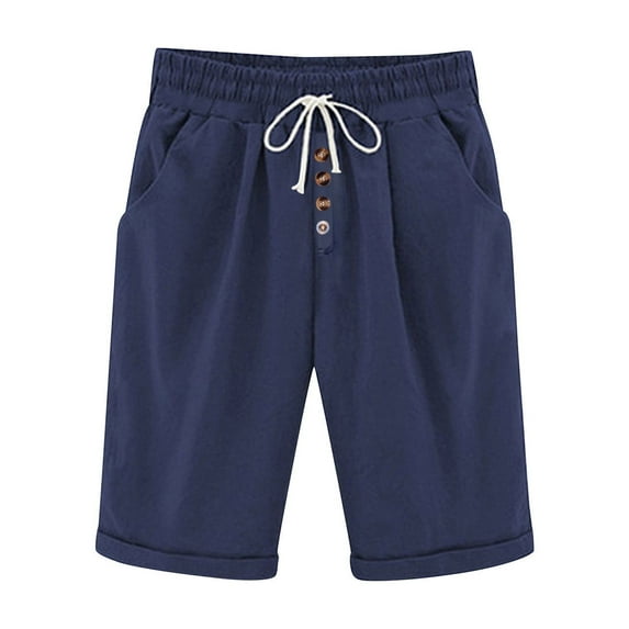 Olyvenn Women's Knee Length Bermuda Shorts Elastic Waist Drawstring Buttons Cotton Linen Shorts Loose Fit Plus Size Summer Beach Short Navy L