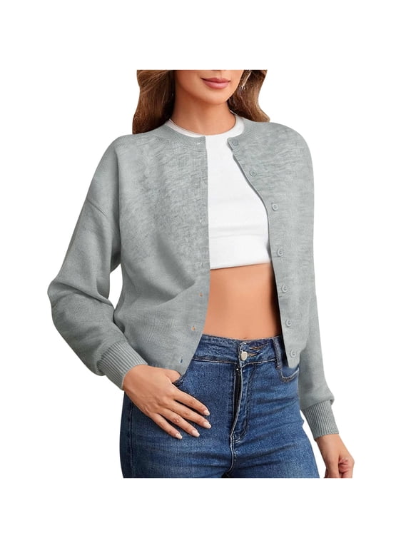 Women's Knitted Sweater Button Up Cardigan Solid Color Round Neck Casual Comfortable Stylish Daily Wear Trendy for Parties Travel Work and Home Gray S