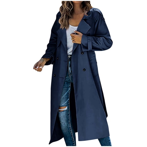 Olyvenn Women's Lapel Long Sleeve Solid Color Trench Coat Loose Overcoat Outwear with Belt Turn-Down Collar Windbreaker Mid-Length Jacket Navy 4