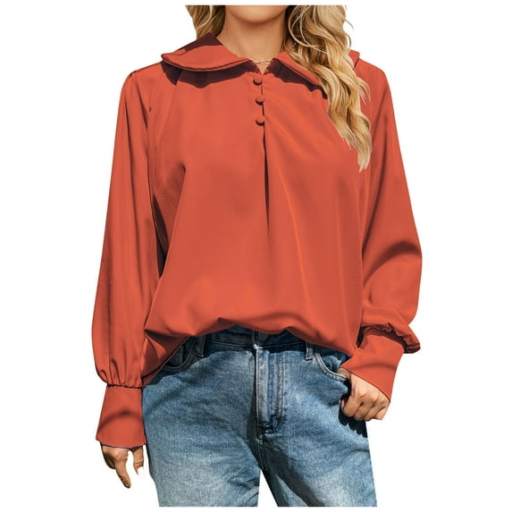 Olyvenn Women's Lapel Neck Long Sleeve Blouse Shirt Elegant Solid Color Loose Fit Button Down Tunic Tops Office Work Blouses Orange 6
