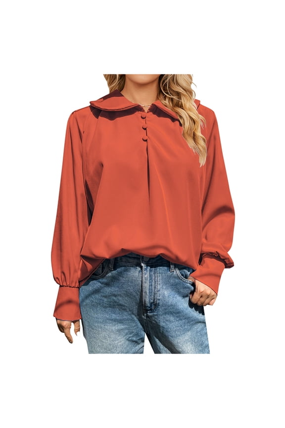 Women's Lapel Neck Long Sleeve Blouse Shirt Elegant Solid Color Loose Fit Button Down Tunic Tops Office Work Blouses Orange 8