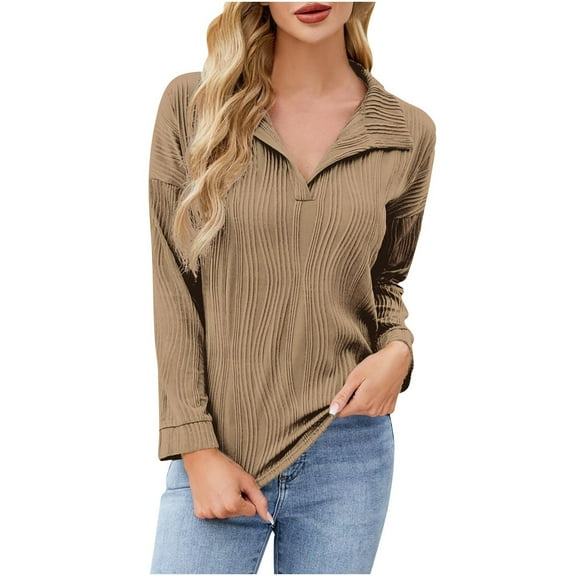 Olyvenn Women's Lapel V Neck Long Sleeve Shirts 2025 Fashion Blouse Textured Dressy Casual Pullover Sweater Tops Khaki S