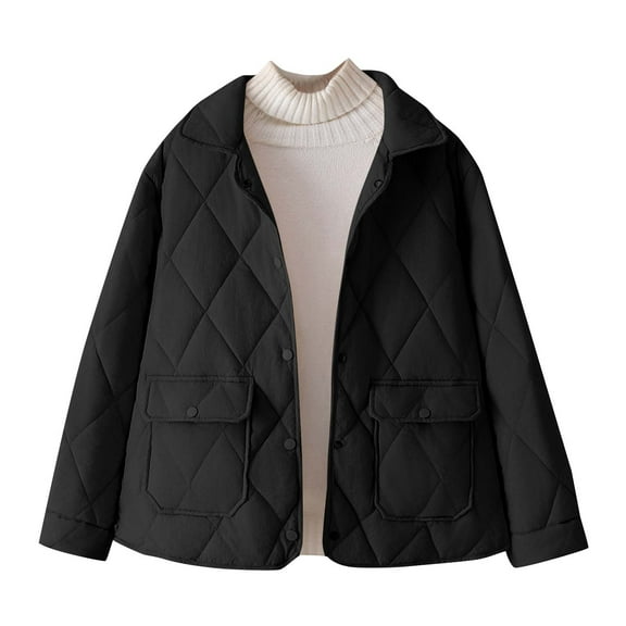 Olyvenn Women's Lapel Winter Quilted Puffer Jacket, Button Up Casual Warm Padded Down Coats Insulated Outerwear with Pockets Black XL