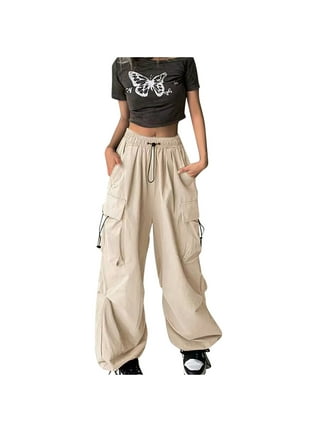 80s Pants for Women Pants for Women Work Casual Plaid Women's Loose Cargo  Pants Retro Multi Pocket Low Waist Drawstring Pig Nose Buckle Slim Straight