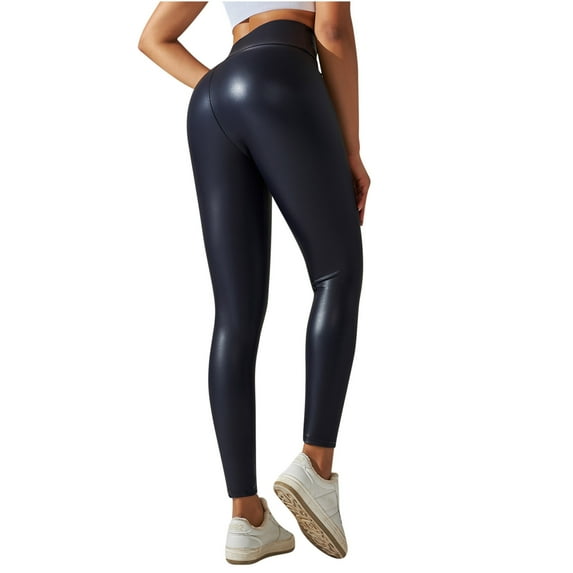 Olyvenn Women's Large Size Casual Thin Leather Pants Trendy Leggings High Waist Lightweight Solid Color Leggings for 2023 Trendy Women Navy 2