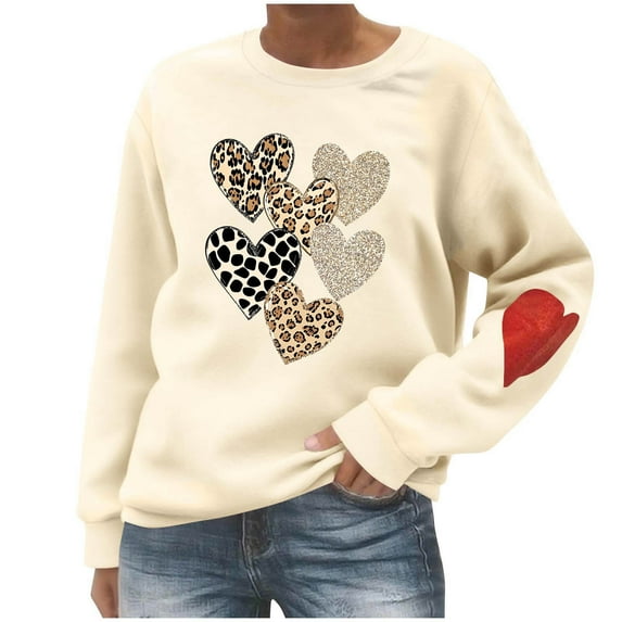 Olyvenn Women's Leopard Heart Print Oversized Sweatshirts - Casual 2025 Fall Pullover Loose Crewneck Long Sleeve Cute Graphic Tee Tops Beige M