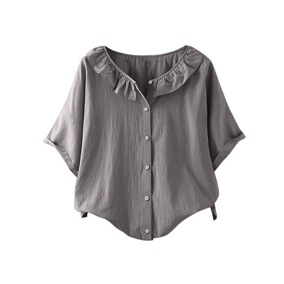 Olyvenn Women's Lightweight Loose Babydoll Tops Collar Button Down Linen Shirts Top Blouse Short Sleeve Summer Loose Shirts Gray XL