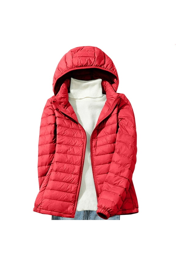 Women's Lightweight Packable Down Jacket Stand Collar Full Zip Puffer Coat with Hood Water-Resistant Windproof Warm Winter Outwear Red 12