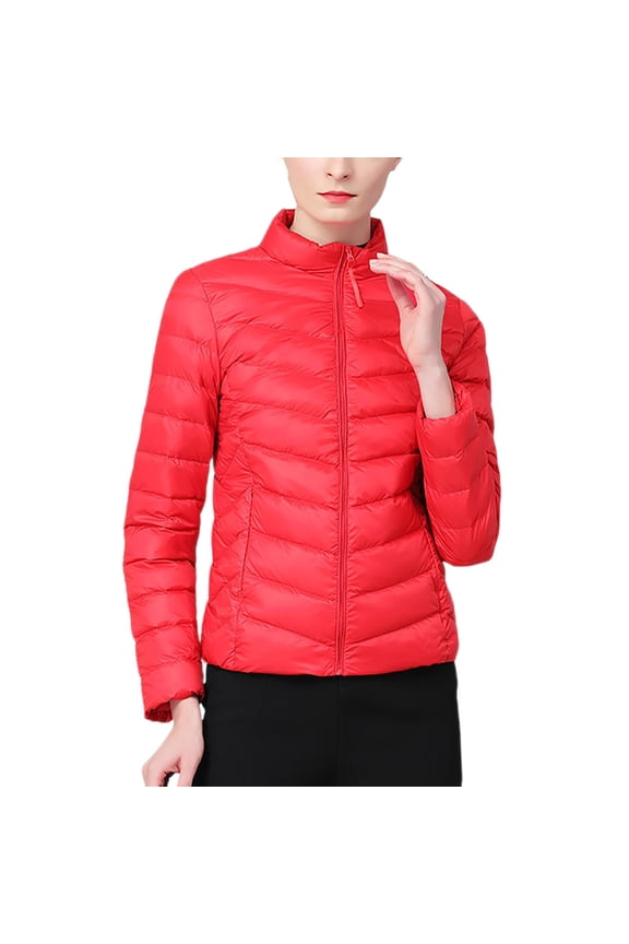 Women's Lightweight Quilted Puffer Jacket, Full Zip Casual Stand Collar Long Sleeve Winter Coat Outerwear with Pockets Red M
