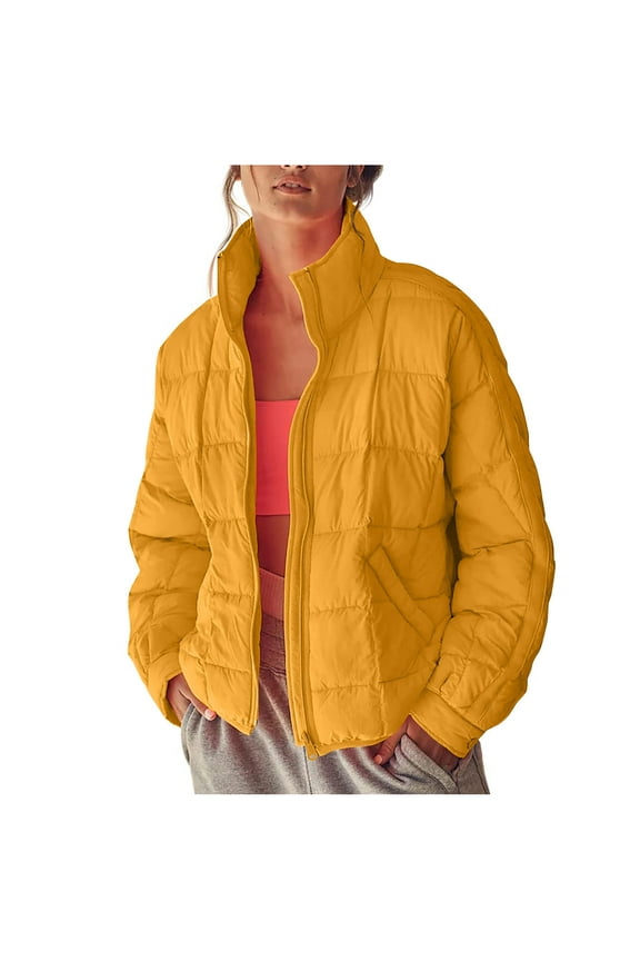 Women's Lightweight Quilted Stand Collar Full Zip Long Sleeve Puffer Jacket Padded Coats with Pockets Yellow 4
