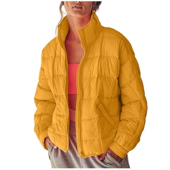 Olyvenn Women's Lightweight Quilted Stand Collar Full Zip Long Sleeve Puffer Jacket Padded Coats with Pockets Yellow 6