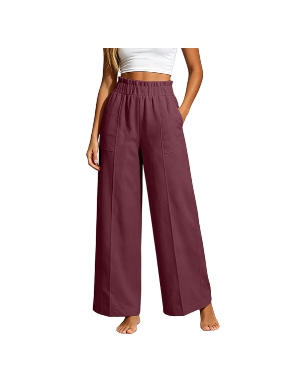 Women's Linen-Blend Loose Pants, Elastic Waist, Casual Long Trousers with Pockets Wine M