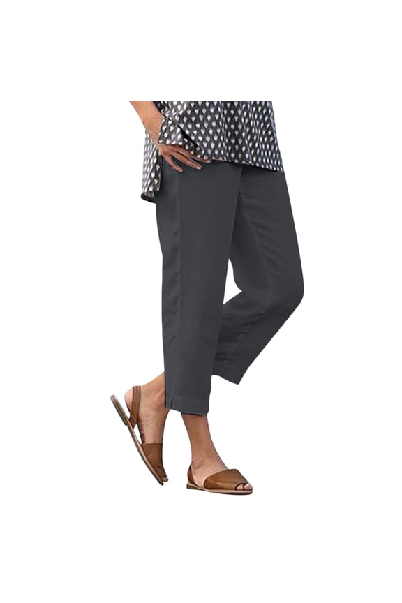 Women's Linen-Blend Straight Leg Pants, Elastic Waist, Side Slit Cropped Trousers for Spring & Summer Commute Dark Gray XL