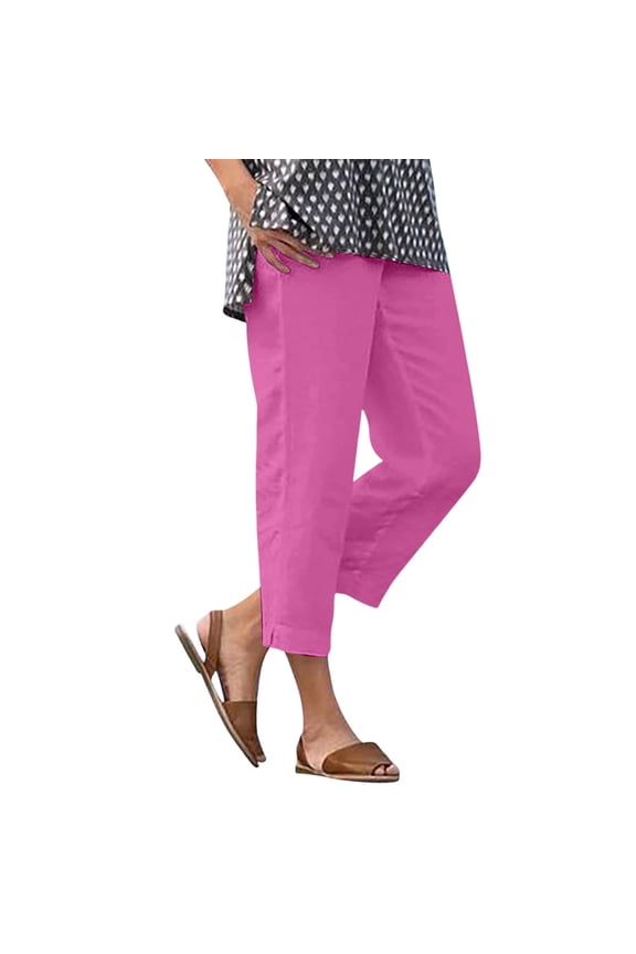 Women's Linen-Blend Straight Leg Pants, Elastic Waist, Side Slit Cropped Trousers for Spring & Summer Commute Hot Pink S