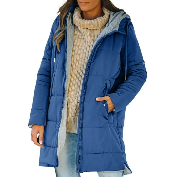 Olyvenn Women's Long Parka - Zip up Insulated Quilted Puffer Winter Coat for Women Long Sleeve Coat with Faux Sherpa Hood Blue L