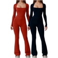 thumbnail image 1 of Olyvenn Women's Long Sleeve Bodycon Jumpsuit Square Neck One Piece Yoga Workout Playsuit Stretchy Flared Bottom Pants Rompers Dark Blue 8, 1 of 5