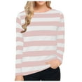 thumbnail image 1 of Olyvenn Women's Long Sleeve Crew Neck T-Shirt Red Blue Horizontal Striped Loose Pullover Tops Basic Tee Tunic Pink 12, 1 of 4