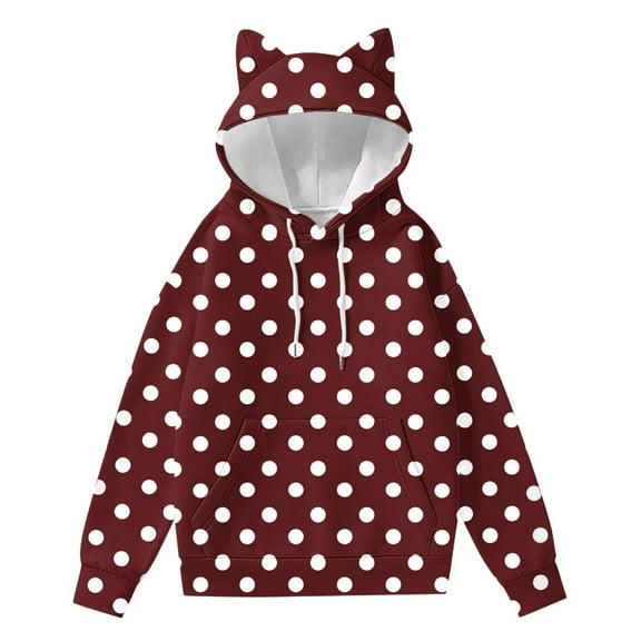 Olyvenn Women's Long Sleeve Hoodies Fall Winter Polka Dot Print Sweatshirts Trendy Drawstring Cute Cat Ears Pullover Tops Coffee M