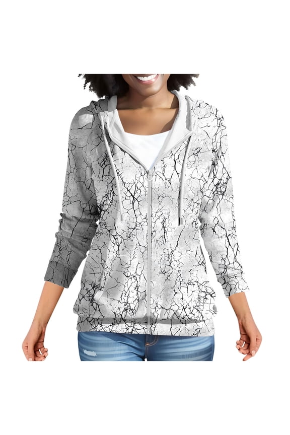 Women's Long Sleeve Printed Sweatshirt Casual Hooded Zipper Pocket Loose Fit Spring Fall Fashion Coat Comfortable Daily Wear White L