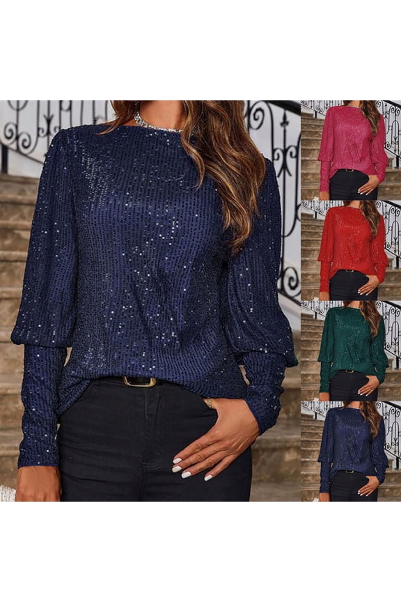 Women's Long Sleeve Sequin Tops Sparkle Glitter Slim Fit Crewneck Blouse Sexy Party Shirts Y2k Clubwear Red XL