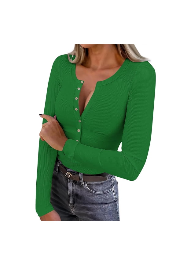Women's Long Sleeve Shirts Casual Button up Square Neck Tops Slim Fit Rib Knit Basic Tee 2026 Spring Summer Clothes Green M