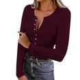 thumbnail image 1 of Olyvenn Women's Long Sleeve Shirts Casual Button up Square Neck Tops Slim Fit Rib Knit Basic Tee 2026 Spring Summer Clothes Wine S, 1 of 9